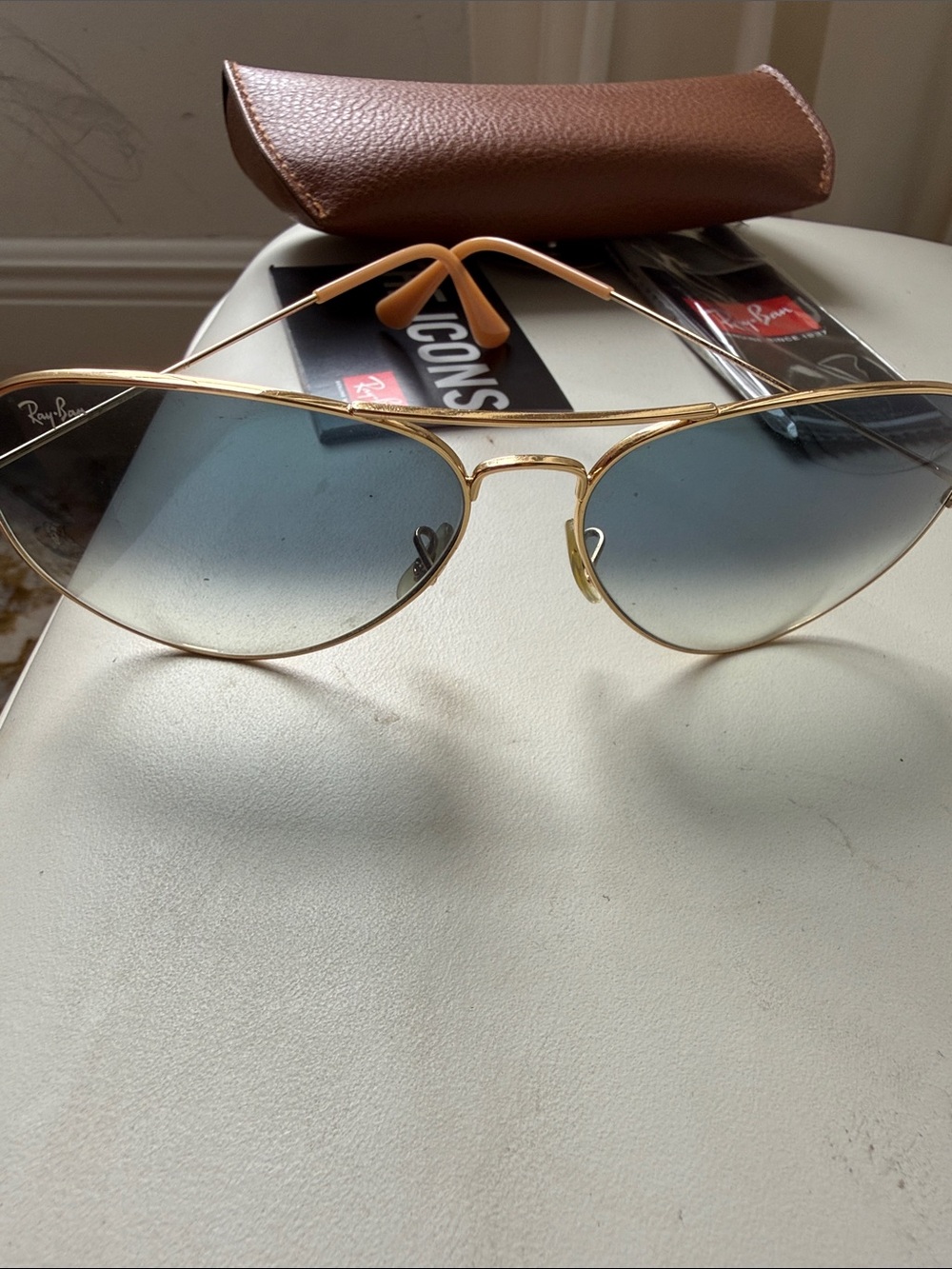 Ray-Ban Gold Frame Sunglasses with Blue Gradient Lenses and Brown Case - Picture 9 of 12